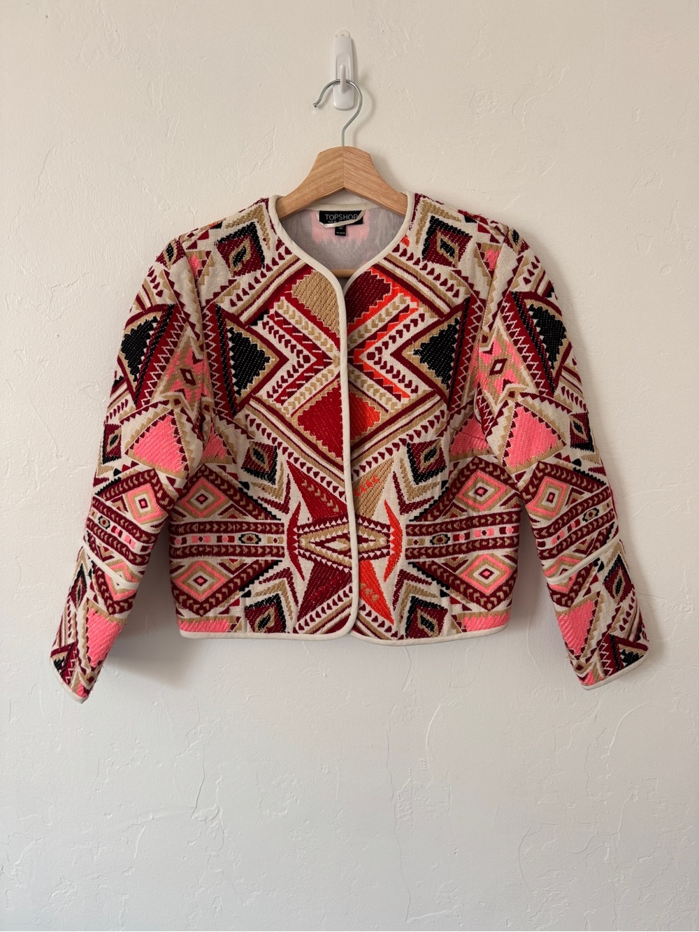TOPSHOP Red Pink Geometric Embroidered Cropped Jacket